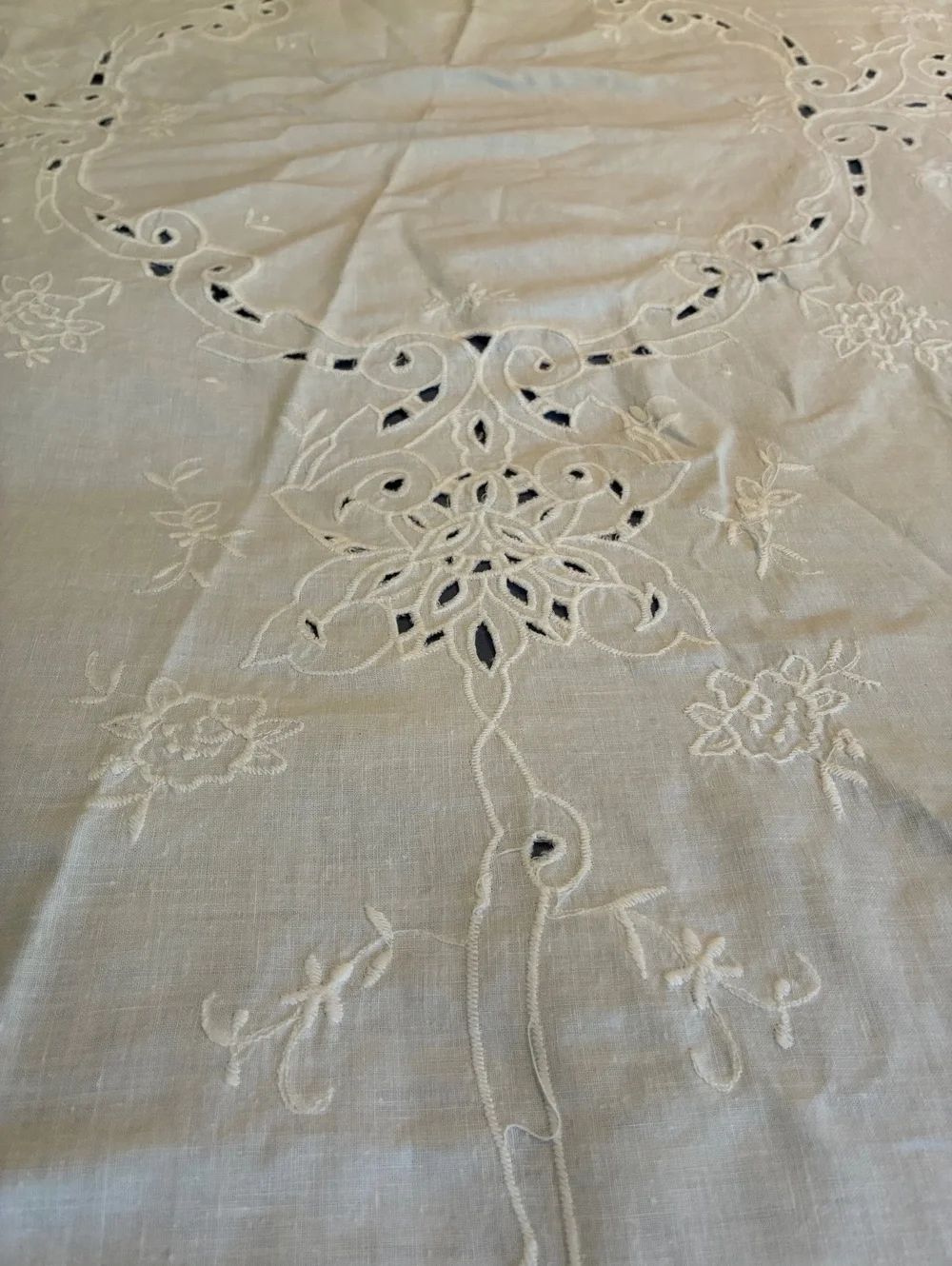 Vintage Round White Embroidered Tablecloth 65